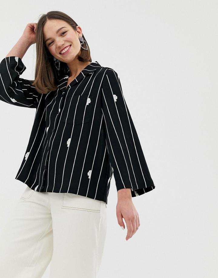Monki Pocket Front Blouse In Face Stripe Print - Black