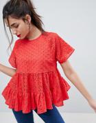 Asos Smock Top In Broderie - Red