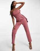 Asos Design Scuba Strappy Bow Back Peg Leg Jumpsuit In Dusky Rose-pink