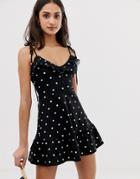 Asos Design Mini Sundress With Button Front And Pep Hem In Polka Dot - Multi