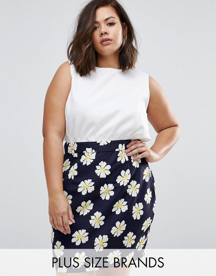 Ax Paris Plus Dress With Jacquard Daisy Skirt - Navy