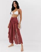 Asos Design Ruffle Split Front Beach Pants With Tie Waist - Brown