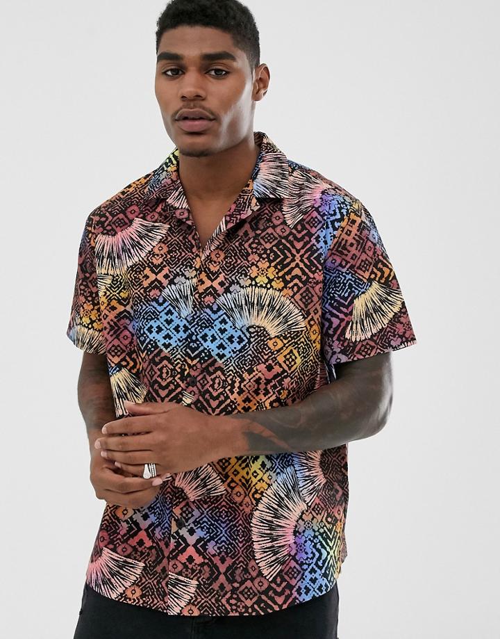 Asos Design Relaxed Fit Shirt In Tropical Geo-tribal Print - Gold