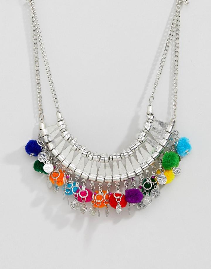 Asos Design Statement Engraved Collar Necklace With Pom Poms - Silver