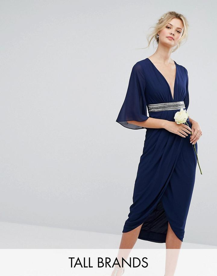 Tfnc Tall Wedding Kimono Sleeve Midi Dress With Wrap Skirt - Navy