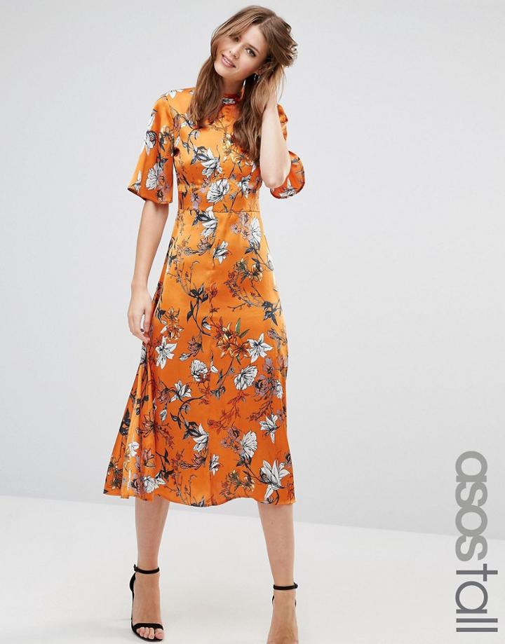 Asos Tall Kimono Sleeve Midi Dress In Painted Floral - Multi