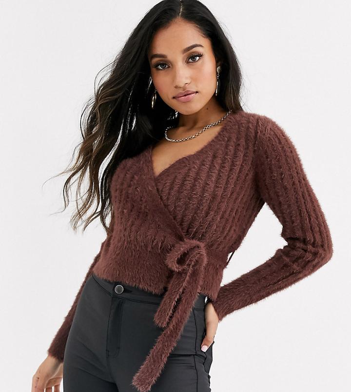 Fashion Union Petite Fluffy Knit Fitted Cardigan-brown