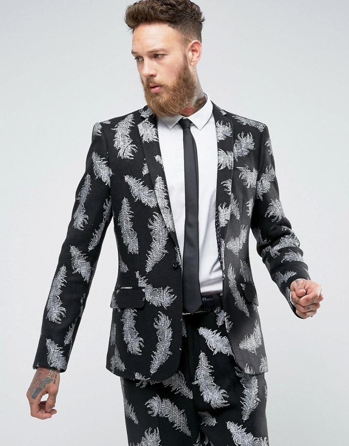Asos Skinny Suit Jacket In Black With Feather Embroidery - Black