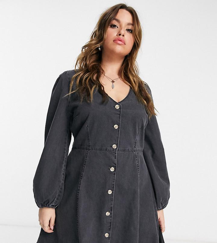 Asos Design Curve Soft Denim Long Sleeve Puff Sleeve Tea Dress-black