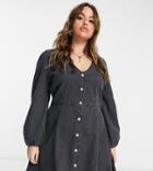 Asos Design Curve Soft Denim Long Sleeve Puff Sleeve Tea Dress-black