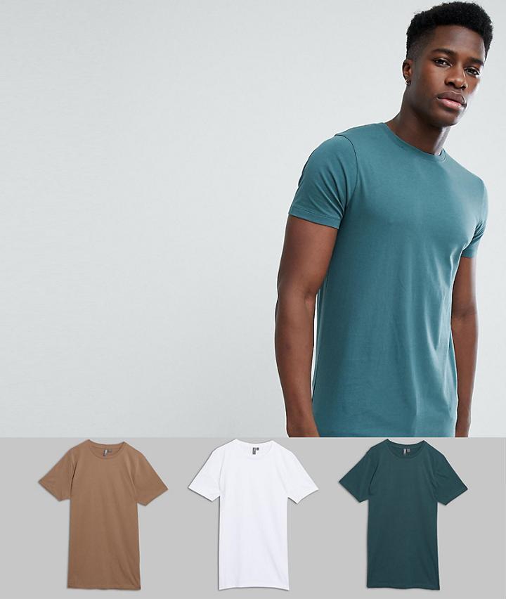 Asos Design Longline T-shirt With Crew Neck 3 Pack Save - Multi