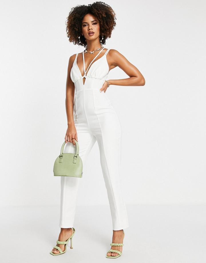 Asos Design Strappy Plunge Peg Leg Jumpsuit In White