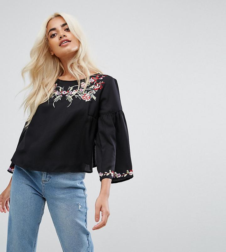 Miss Selfridge Petite Embroidered Flare Sleeve Top - Black