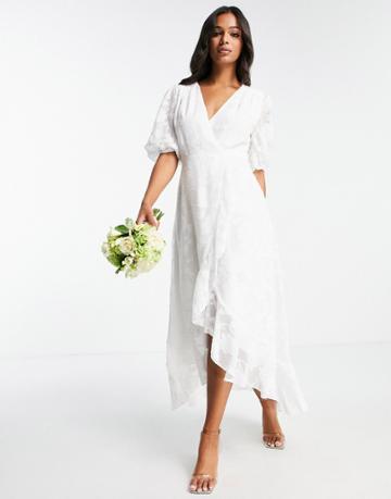 Blume Bridal Wrap Jaquard Midi Dress With Puff Sleeves And Ruffle Detail In White