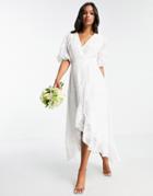 Blume Bridal Wrap Jaquard Midi Dress With Puff Sleeves And Ruffle Detail In White
