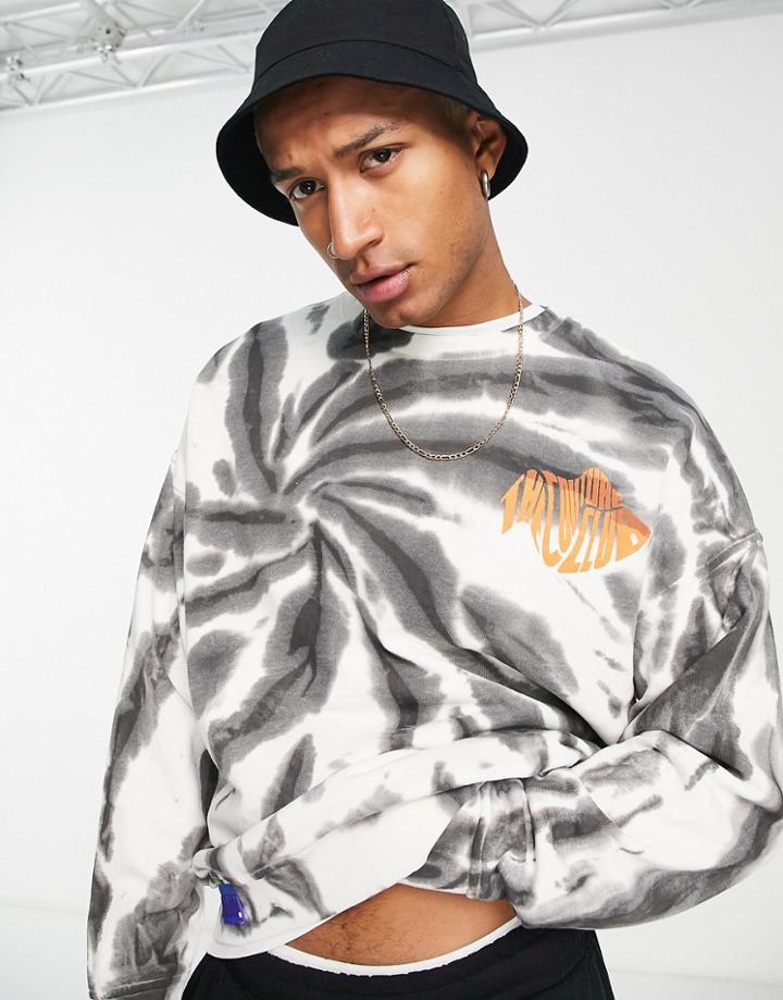 The Couture Club Oversized Sweatshirt In Cream And Black Tie Dye With Logo Print-neutral