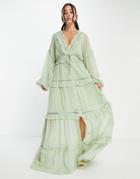 Asos Design Tiered Textured Maxi Dress Wih Ruffle Detail And Lace Trim-green
