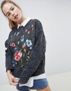 Wild Flower Sweater With Floral Embroidery - Gray