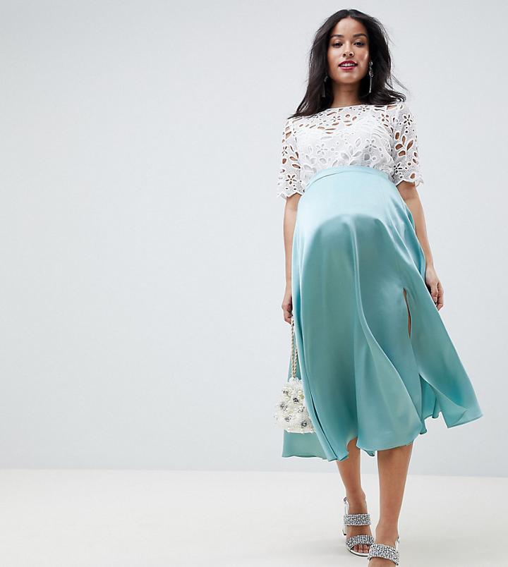 Asos Design Maternity Satin Midi Skirt With Side Split-green