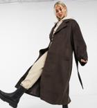 Collusion Longline Brushed Faux Wool Coat In Brown