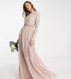 Asos Design Tall Bridesmaid Pearl Embellished Long Sleeve Maxi Dress With Floral Embroidery In Rose-pink