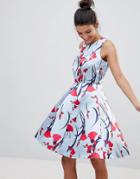 Closet London Premium Prom Sateen Skater Dress In Floral Fan Print - Multi