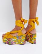 Mango Jacquard Tie Up Flatform Sandals - Gold