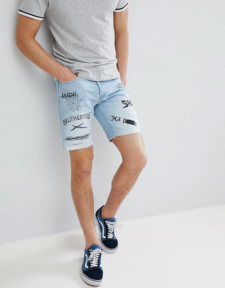 Jack & Jones Denim Shorts With Graffitti Prints - Blue
