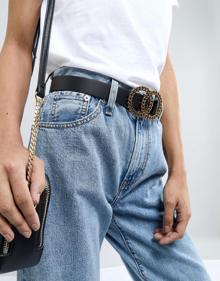 Asos Design Vegan Chain Double Circle Buckle Belt In Water Based Pu - Black