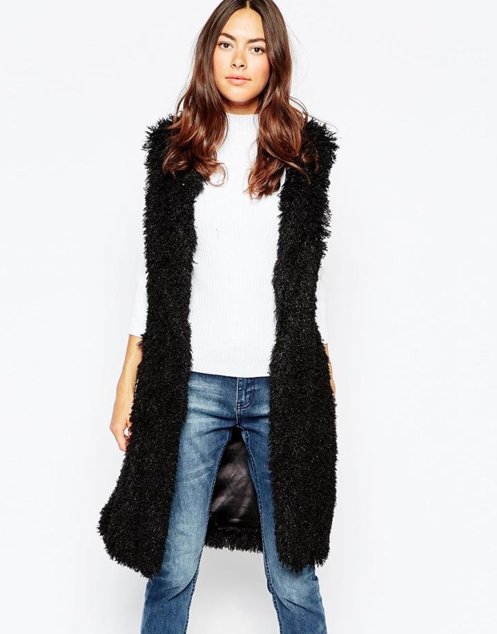 Brave Soul Faux Fur Long Line Vest - Black