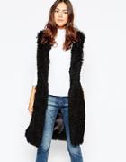 Brave Soul Faux Fur Long Line Vest - Black