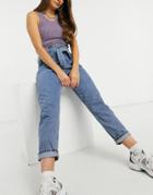 Topshop Paperbag Waist Mom Jeans In Mid Blue