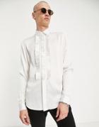 Asos Design Satin Shirt With Ruffle Front In White