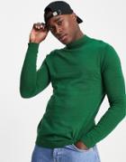 Asos Design Knitted Muscle Fit Turtle Neck Sweater In Green
