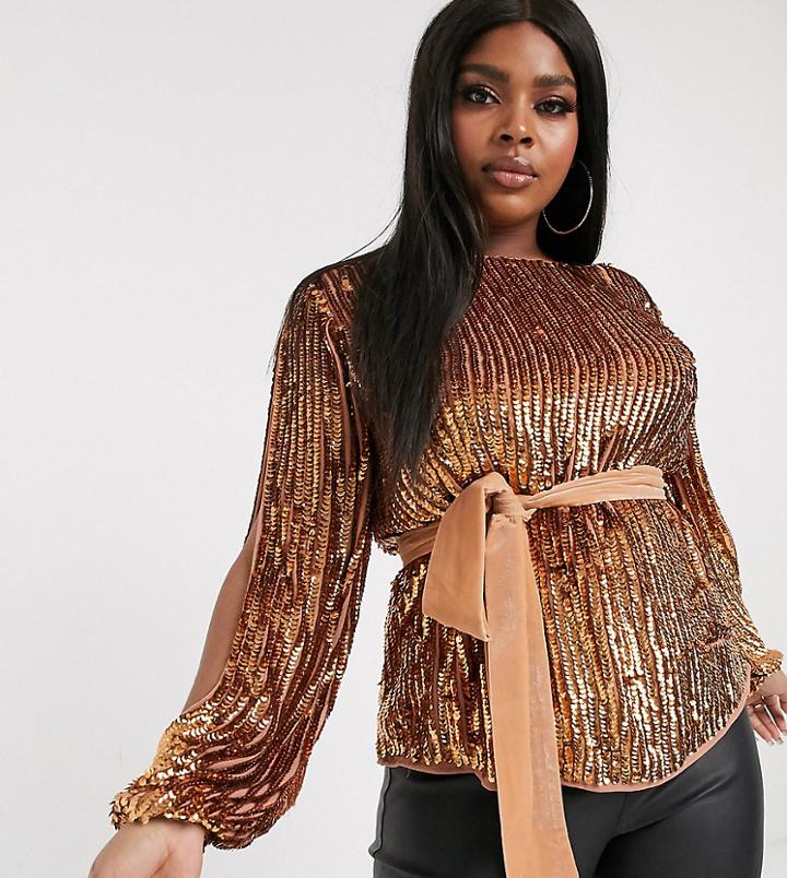 Asos Design Curve Batwing Sequin Top With Tie Waist
