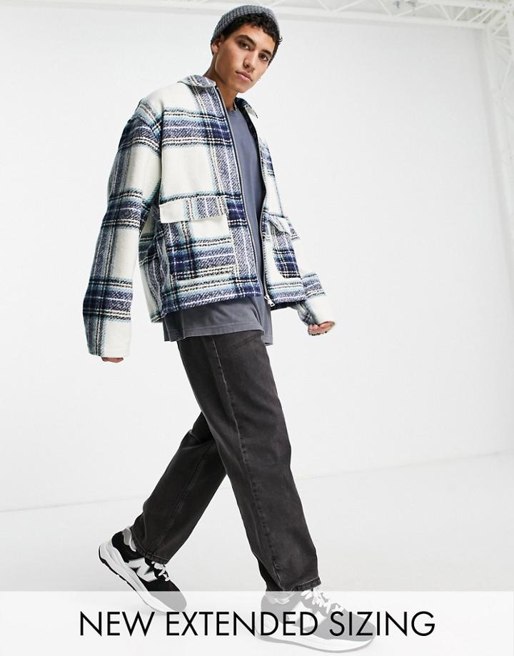 Asos Design Wool Look Harrington Jacket In Blue Plaid-blues