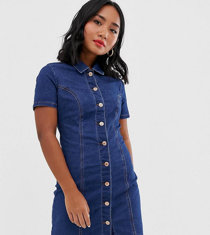 New Look Petite Button Through Western Denim Dress In Blue