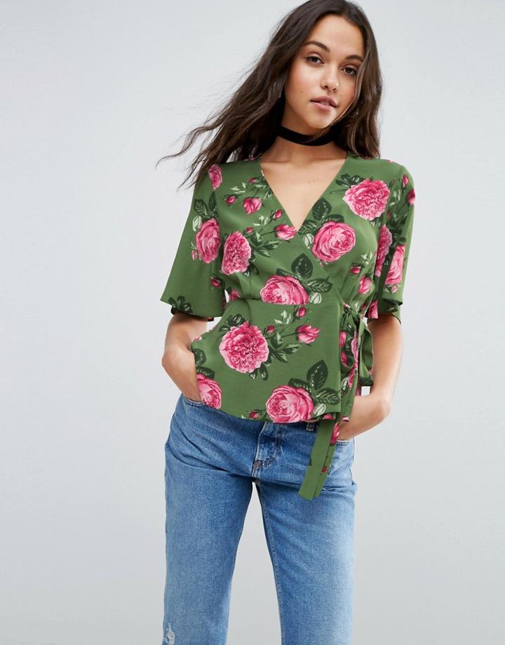 Asos Wrap Tea Blouse In Rose Print - Multi