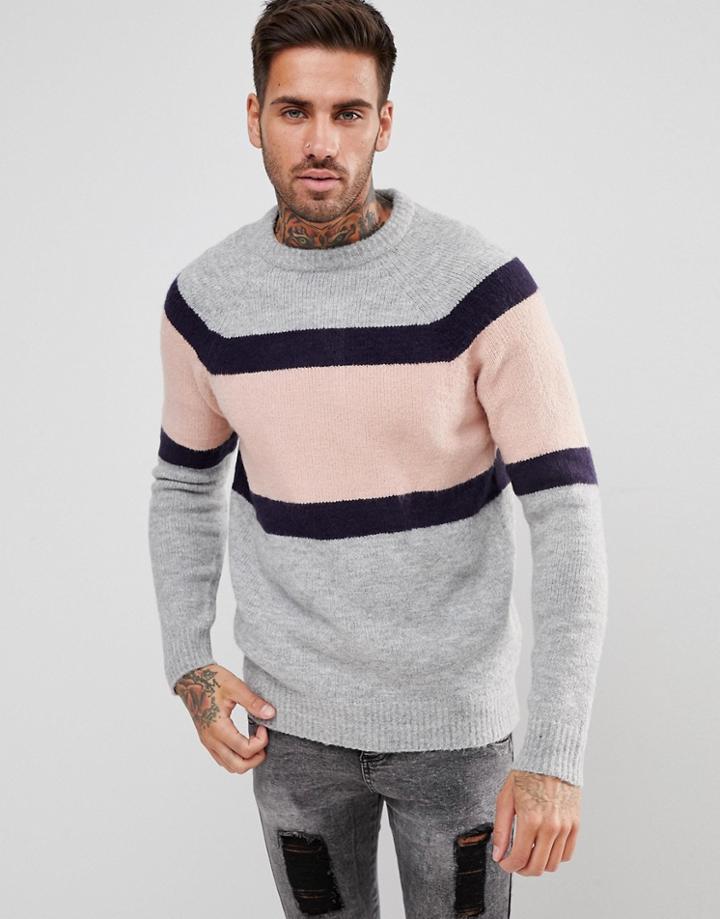 Pull & Bear Block Stripe Sweater In Gray And Pink - Gray