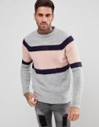 Pull & Bear Block Stripe Sweater In Gray And Pink - Gray