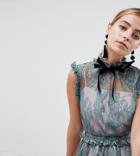 Asos Design Petite Lace Skater Mini Dress With Velvet Tie Neck - Multi