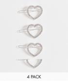 True Decadence Exclusive Mini Rhinestone 4 X Multipack Heart Hair Clips In Silver