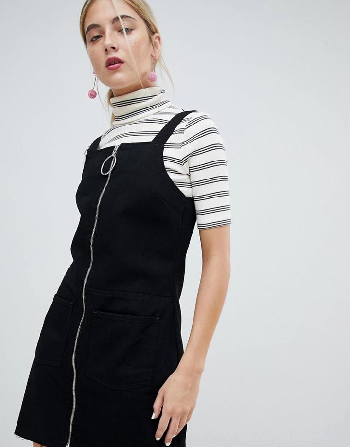 Chorus Circle Puller Zip Up Denim Pinafore Dress - Black