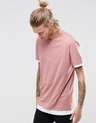Asos Longline T-shirt With Contrast Cuff And Hem In Pink - Burlwood