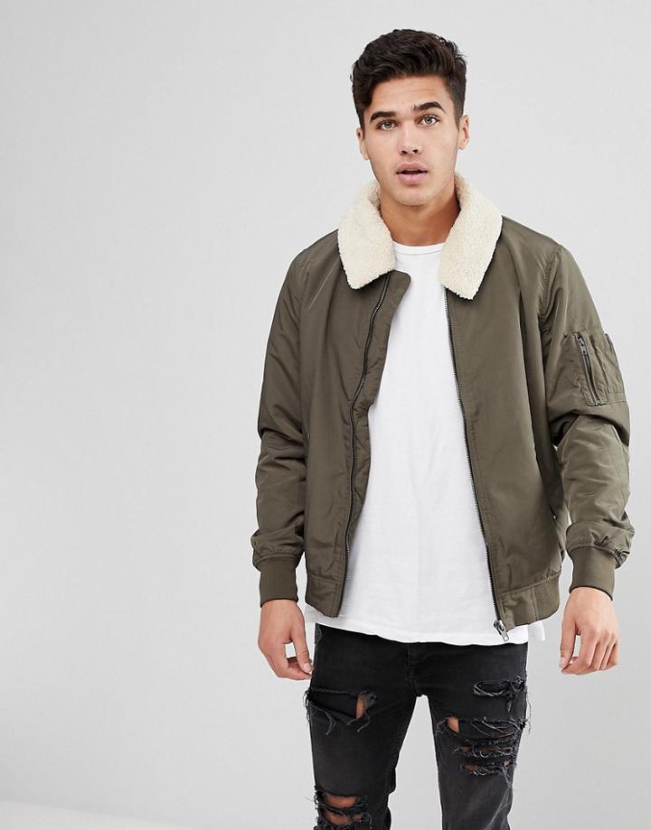 Stradivarius Bomber With Detachable Collar In Khaki - Green