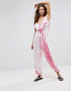 Anmol Tie Dye Printed Beach Jumpsuit With Side Split - Pink