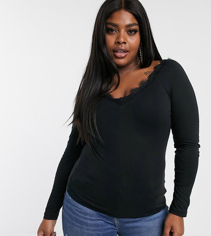 Vero Moda Curve V Neck T-shirt With Lace Trim In Black