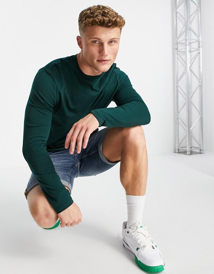 Asos Design Long Sleeve T-shirt With Crew Neck In Dark Green - Dgreen