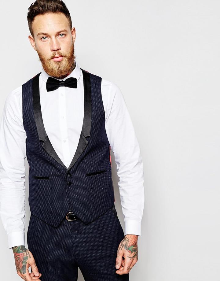 Asos Slim Waistcoat In Polka Dot - Navy