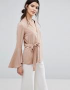 Neon Rose Tie Wrap Front Top With Fluted Sleeves - Beige